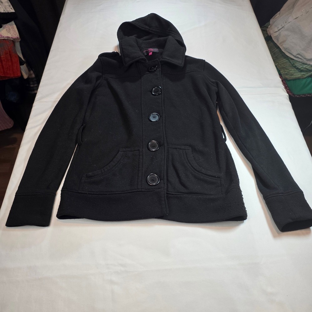 Girls Nu Look Hooded Jacket Sweater Large L Black Soft Zip Up Coat Outerwear